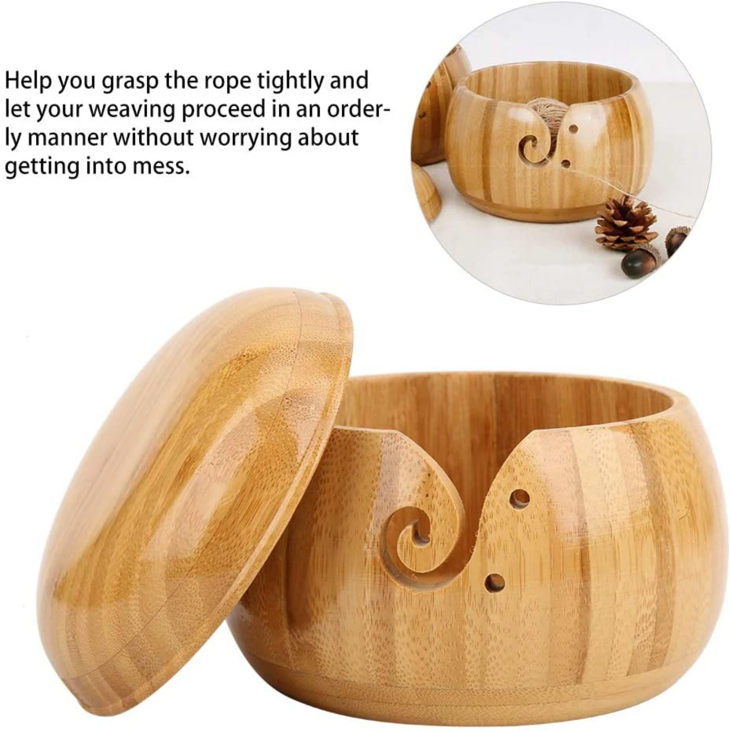 

Bamboo Yarn Bowl with Removable Lid, Yarn Holder for Knitting and Crochet, Carbonized Brown Bowl
