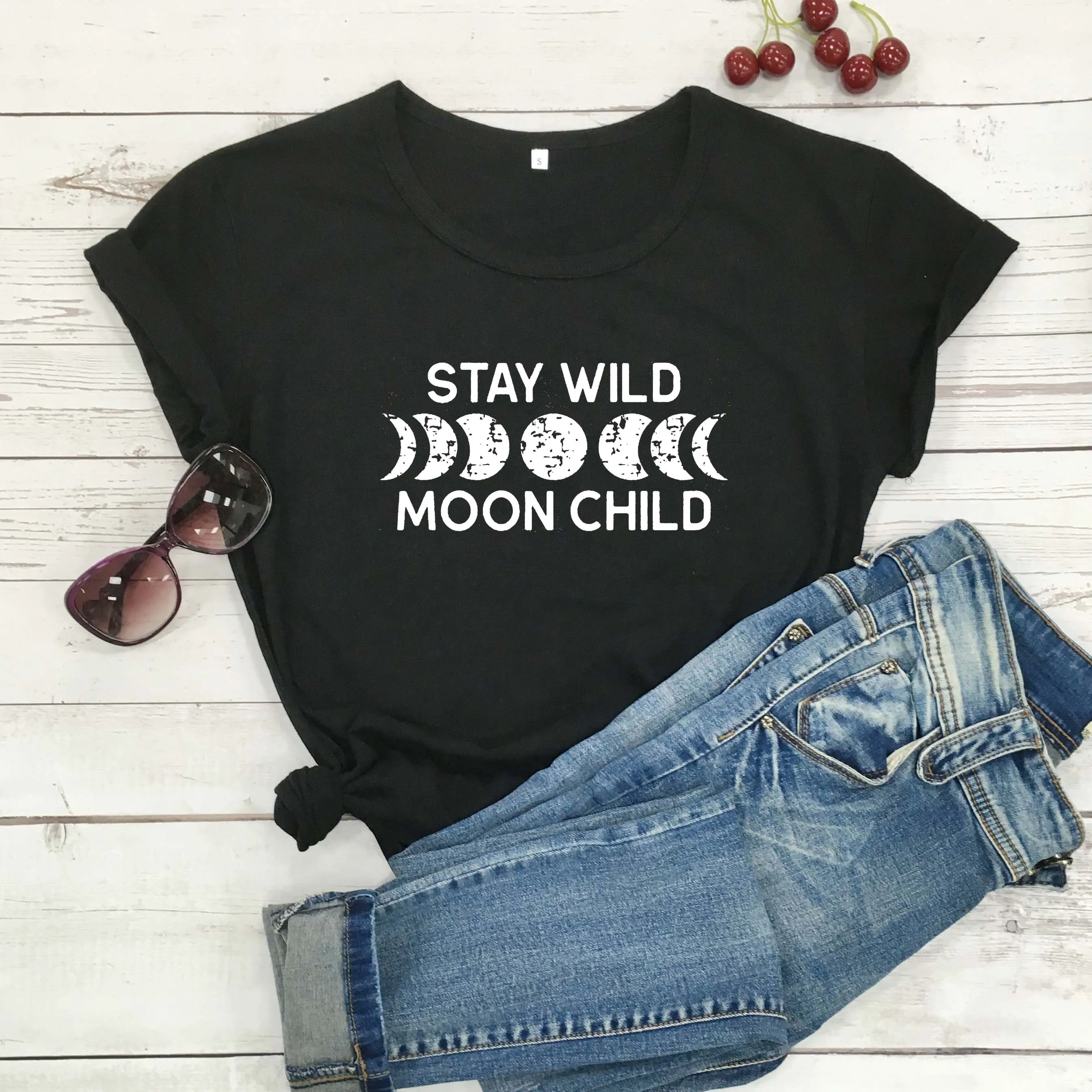 

Stay Wild Moon/Милая Детская Повседневная футболка из чистого хлопка с графическим рисунком гранж tumblr футболки для молодых хипстеров, винтажный п...