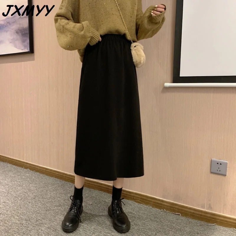 

JXMYY Autumn and winter 2020 new high waist bag hip skirt black mid-length A-line skirt female winter with sweater T:1216