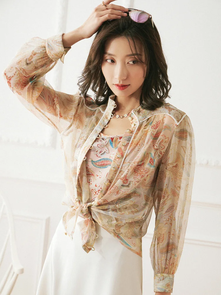 

Xianqi Paisley big flower silk top Long Sleeve Chiffon shirt women's silk shirt two piece set