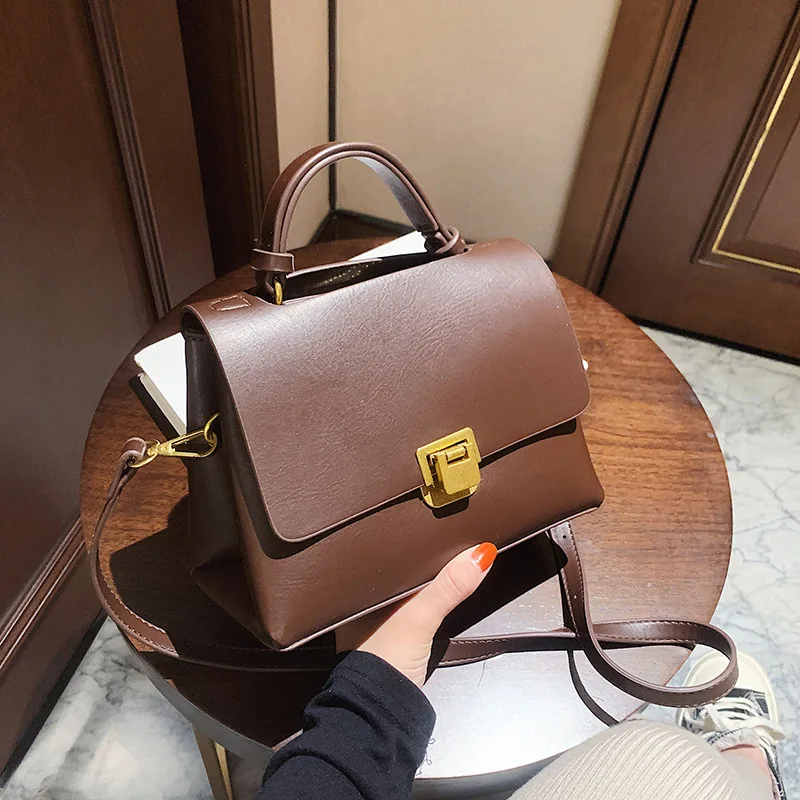 

2021 New High Quality PU Leather Women's Designer Handbag Vintage Solid Color Tote Bag Large Capacity Shoulder Messenger Bag