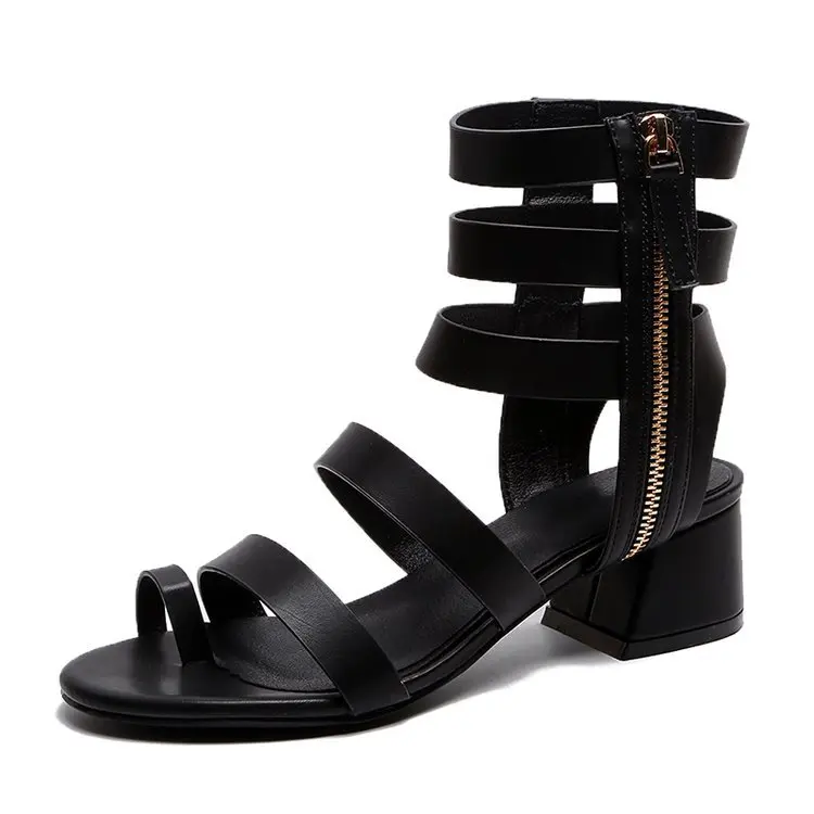 

2019 new set toe ROMAN SANDALS middle heel open toe sandals women's thick heel side zipper cut out fashion women's shoes high