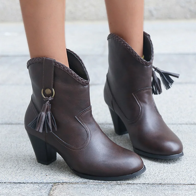 

Женские короткие ботинки в стиле ретро из искусственной кожи, короткие плюшевые ботильоны на высоком каблуке, дамские повседневные Элегант...