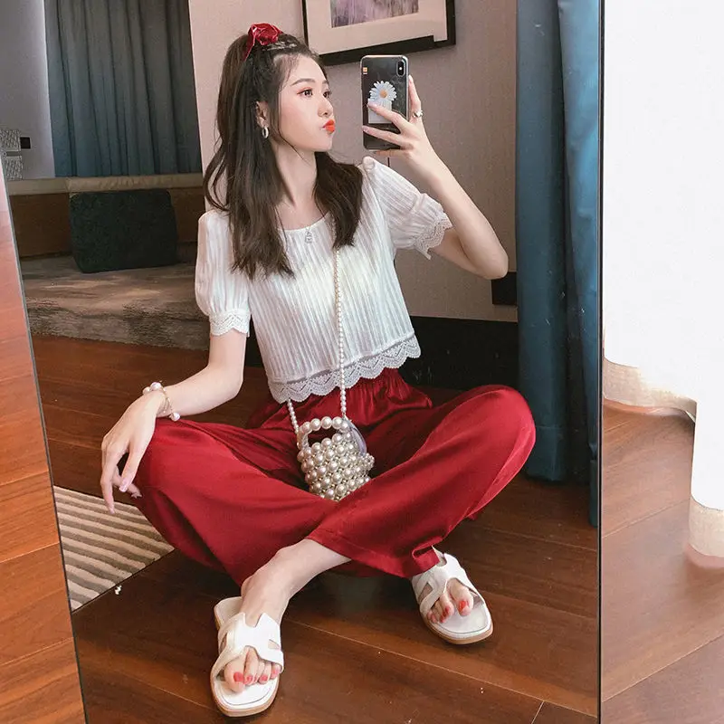 

Personalized Set Summer New Scheming Top Wide-Leg Pants Suit Western Style Lightly Mature Chiffon Shirt Two-Piece Pants
