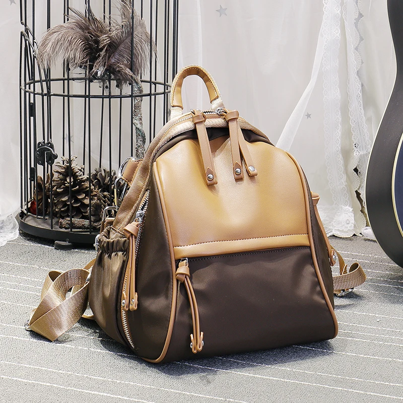 Backpack 2022 New Leather Women's Waterproof Oxford Cloth with Cowhide All-Match Dual-Use Canvas Backpack Large Capacity Bag