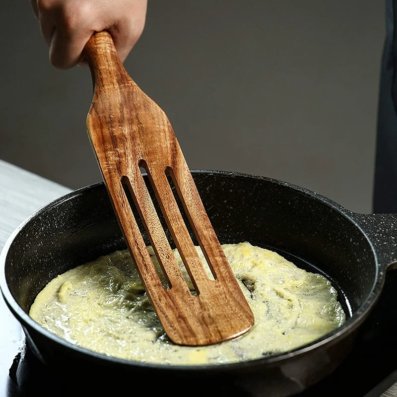 

6 Pack Natural Teak Cooking Utensils Set, Non Stick Wooden Cookware Slotted Spurtle Spatula Sets for Stirring, Mixing
