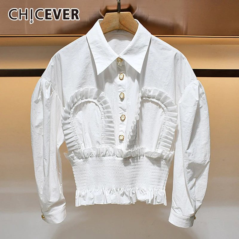 

CHICEVER Ruched Shirt For Women Lapel Collar Puff Long Sleeve Tunic White Casual Korean Short Blouse Female 2021 Autumn Clothing