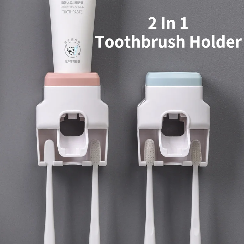 

Toothpaste Squeezer Punch-free Automatic Toothpaste Dispenser Wall Mount Toothbrush Holder Set Waterproof Bathroom Accessories