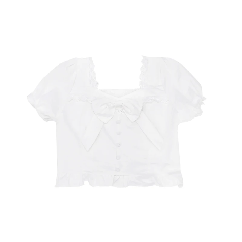 

Shirt female niche design feeling short tops 2021 summer sweet spice bowknot white collar short sleeve shirts