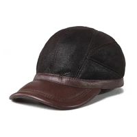 Fashion Winter Hat Men Russian Brown Leather Ushanka Cap With Ear Flaps Real Fur Warm Genuine Sheepskin Brand Baseball Cap