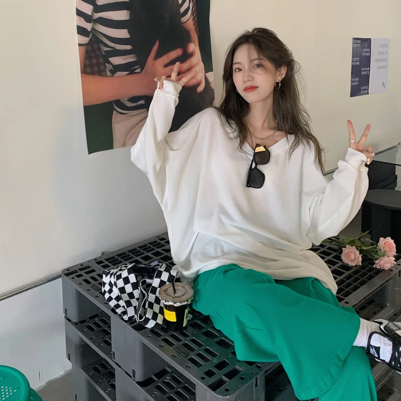 

Женская футболка с длинным рукавом, тонкая свободная футболка с V-образным вырезом и защитой от солнца, 3 цвета, в Корейском стиле, для осени, ...