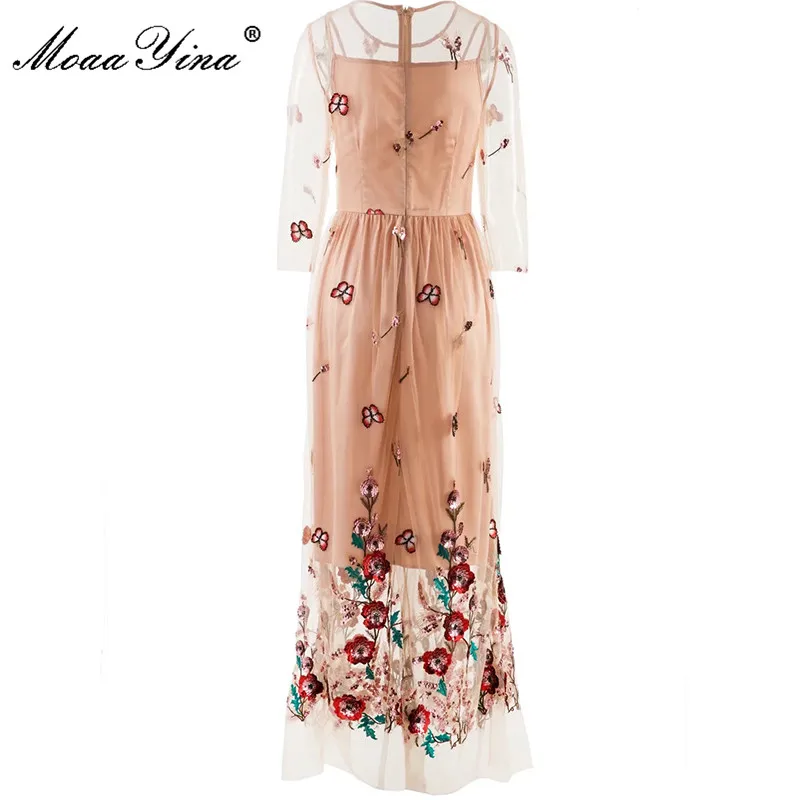 

MoaaYina Fashion Designer dress Spring Women Dress Long Sleeve Gauze Hollow Out Flower Printing Vintage Party Ankle-Length Dress