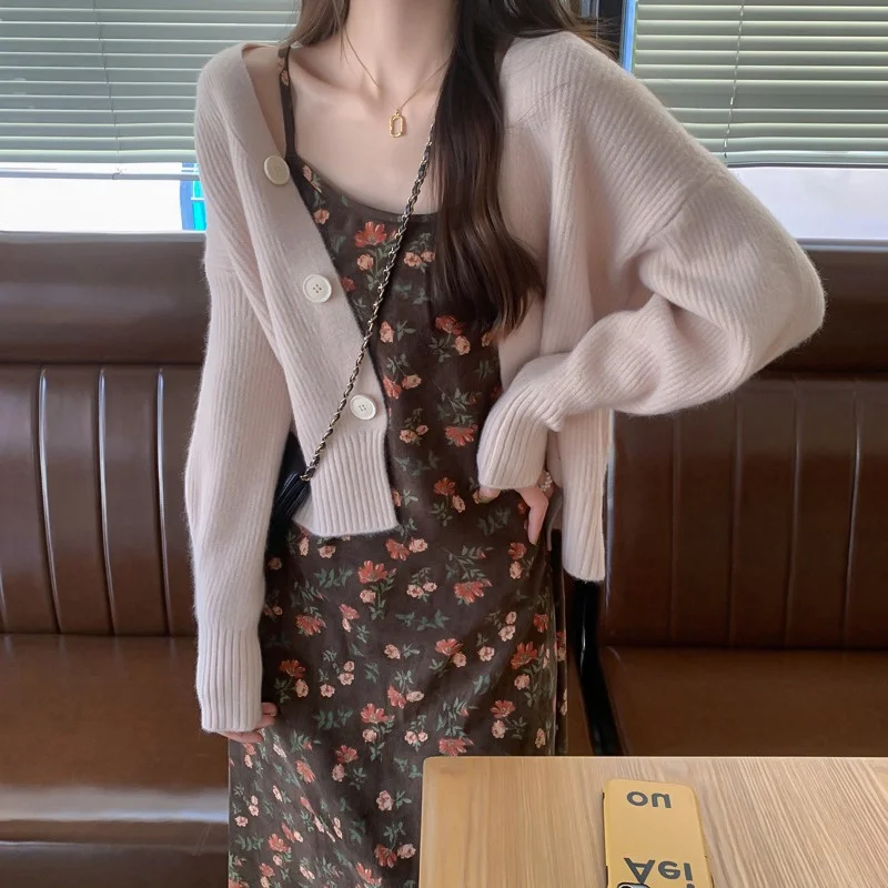 

Новинка Осень-зима 2021 Женская одежда для маленького бизнеса свитер кардиган платье с цветочным принтом костюм-двойка в западном стиле
