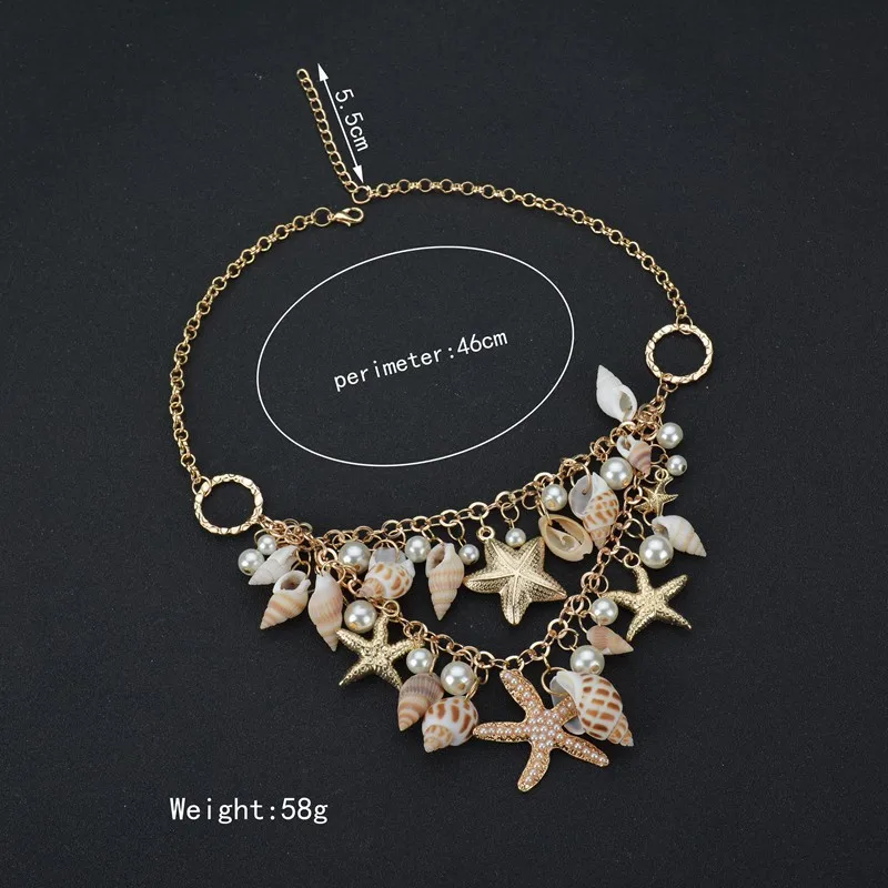 

Beach Jewelry Necklace Women Beach Sparkling Starfish Shell Pearl Layer Chain Gold Necklace Fashion Popular Collar Girl Jewelry