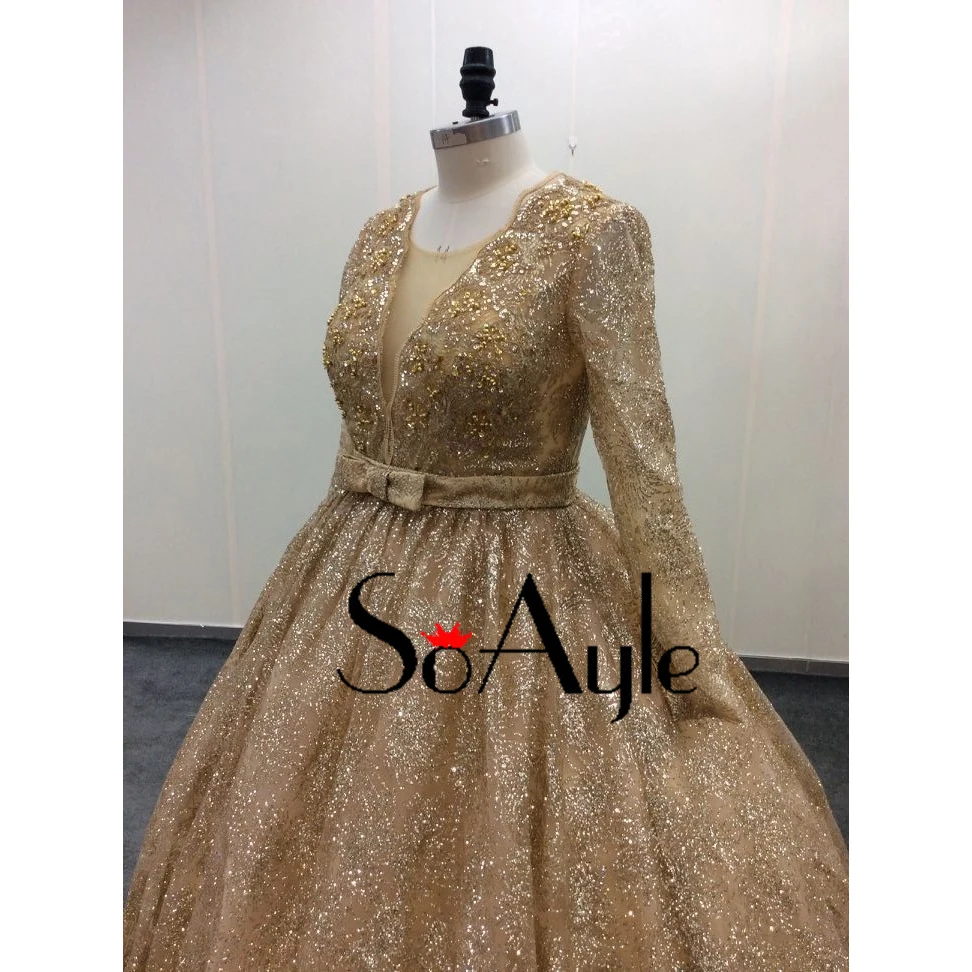 Женское кружевное бальное платье SoAyle длинное прозрачное с золотыми кружевами