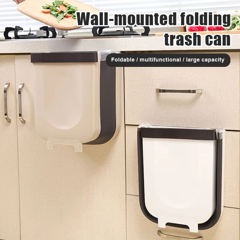 

9L Wall Mounted Folding Waste Bin Kitchen Cabinet Door Hanging Trash Bin Car Garbage Trash Can for Bathroom Toilet Waste Storage