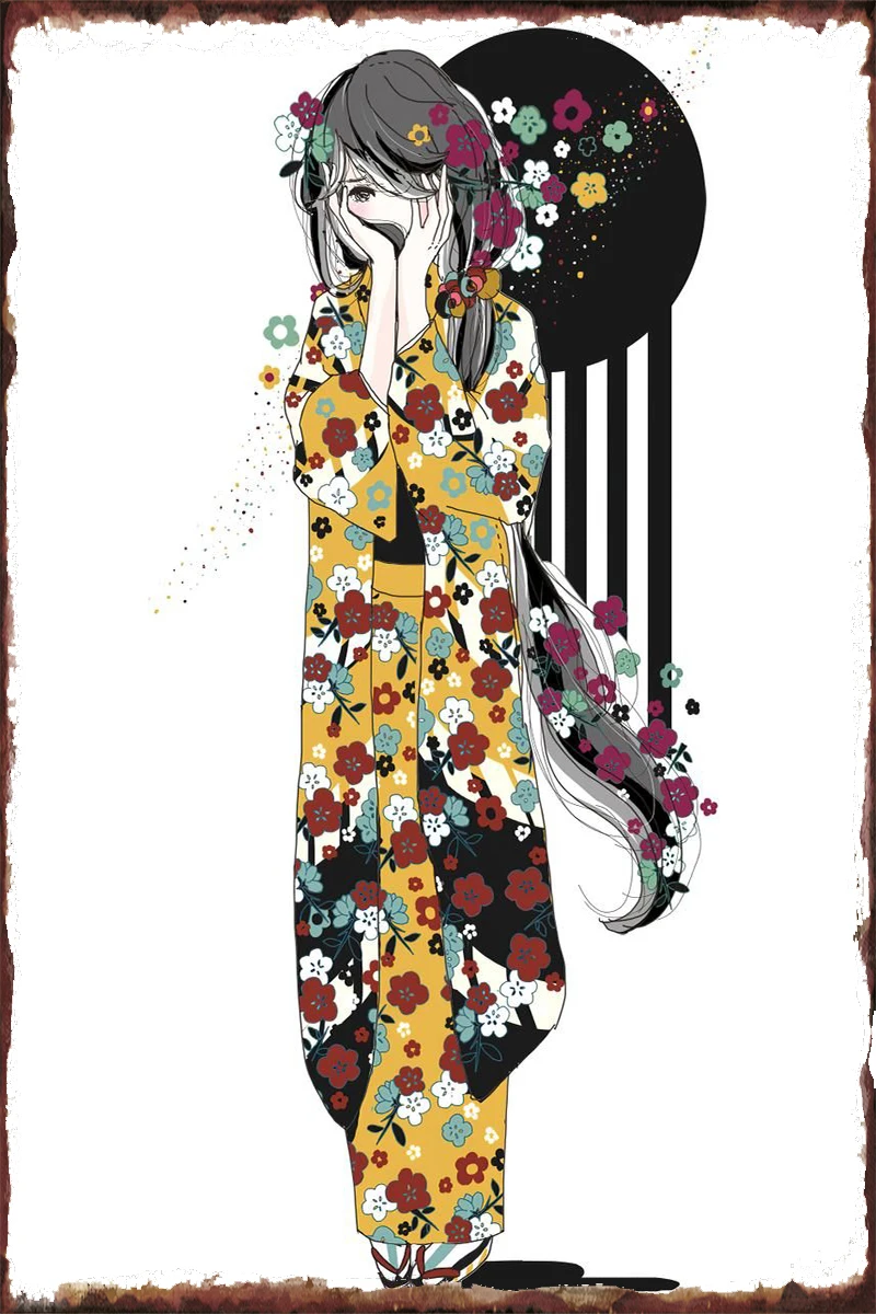 

Постер-кимоно для девочек в стиле ретро, винтажный металлический жестяной знак, жестяные тарелки, декор для стен, комнатное украшение для ху...