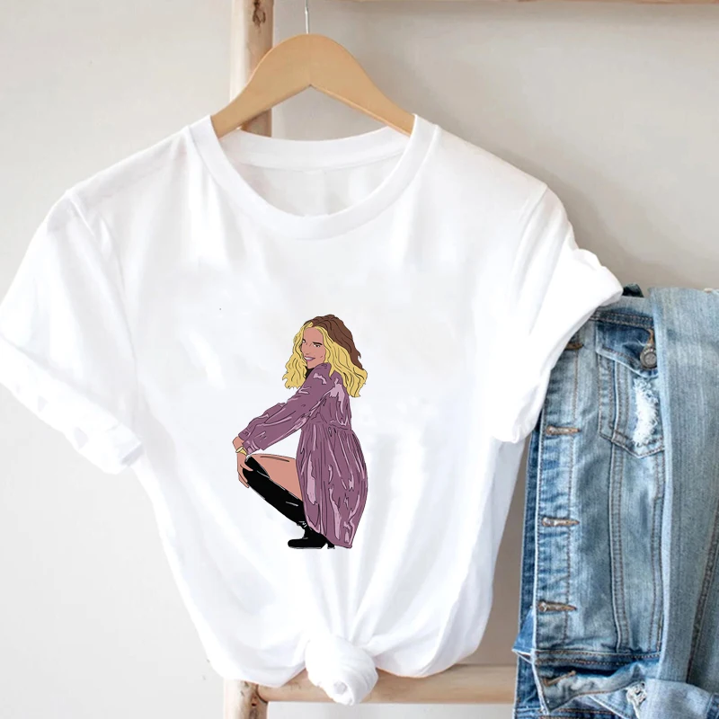 

Women Squat Printed T Shirt Ladies Casual Stand Neck Tee Tops Short Sleeve Streetwear Summer Floral White Pullover T-Shirts