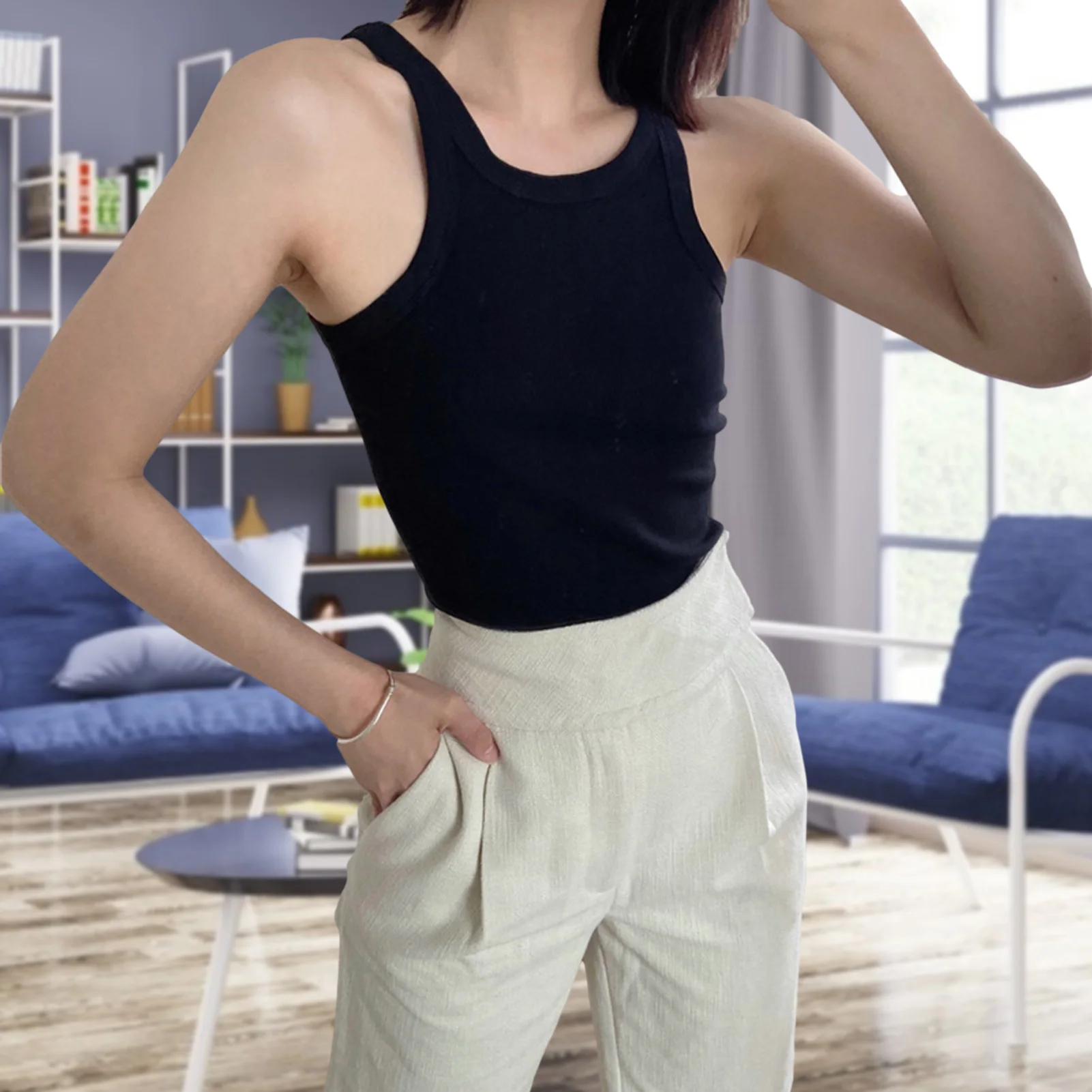 

Ladies Casual Tank Vest Female Thin Shoulder Cut Versatile Threaded T-shirt Sleeveless Solid Tops Feminino 2020 New Arrival Hot