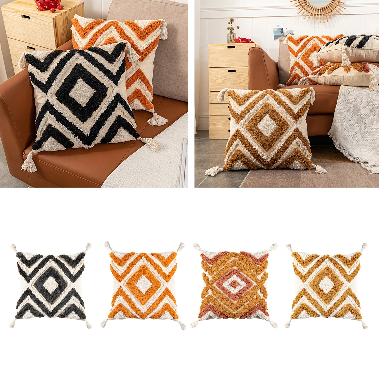 

Boho Throw Pillow Covers Woven Cotton Pillowcases for Sofa Accent Decor