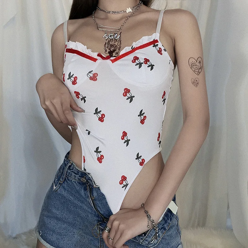 Dulzura cherry print ruffle strap women bodysuit hollow out backless bodycon sexy streetwear 2020 summer clothes thong body club |