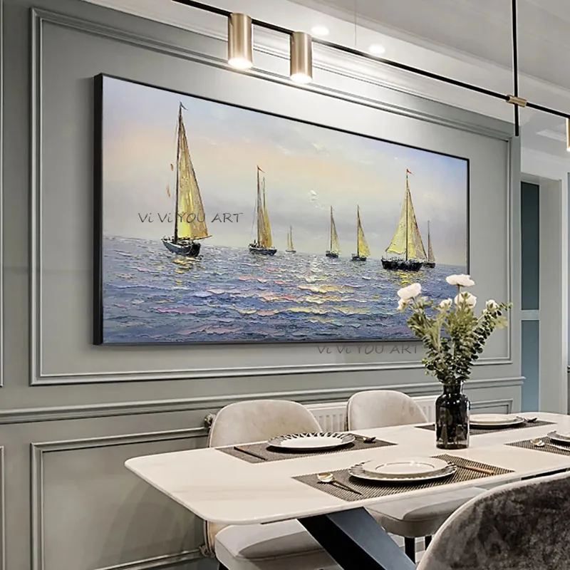 

100% Art Original Hand Painted Modern Landscape Oil Sailing Ocean Living Decoration Entrance Study Room Mural Smooth Sailing