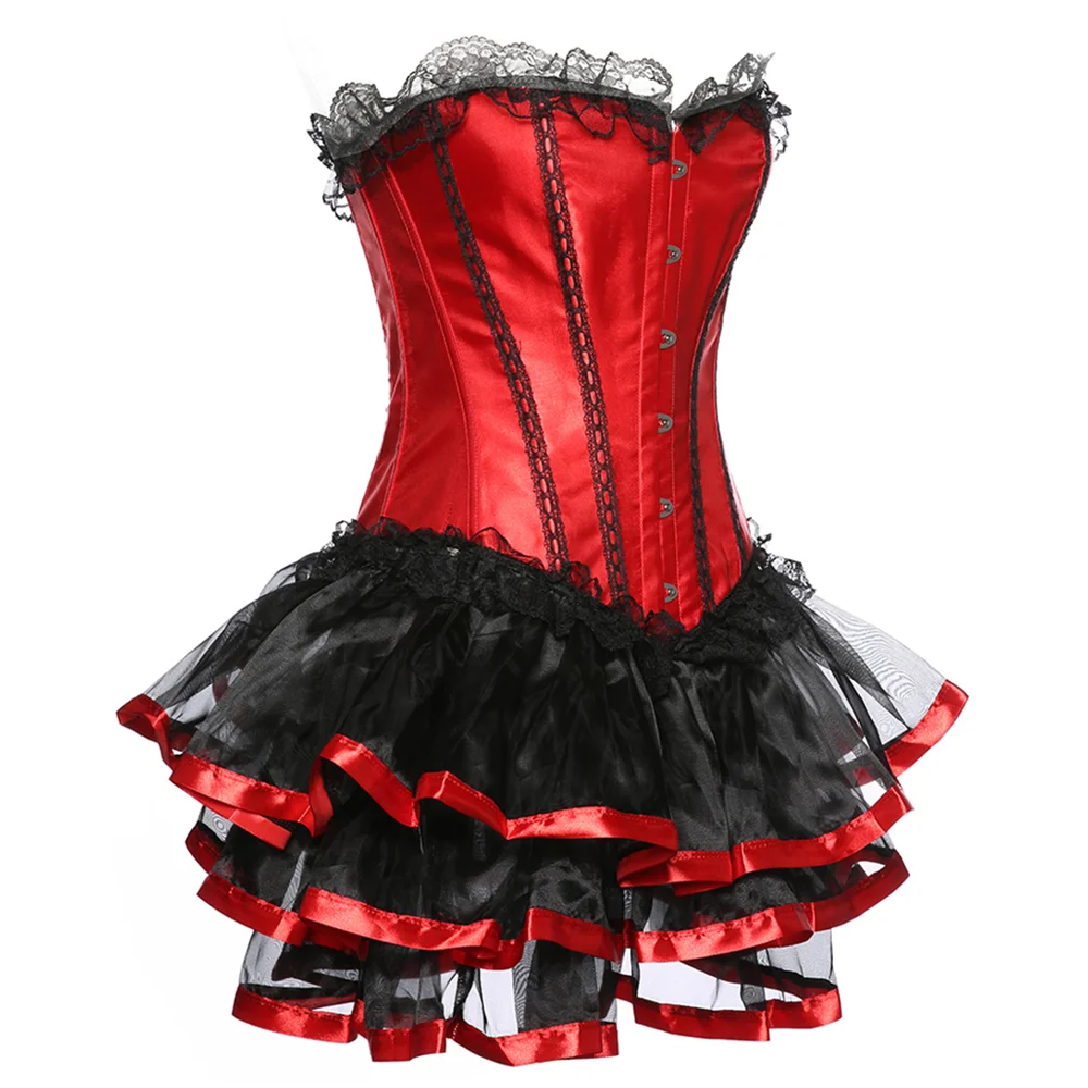 S-6XL сексуальный корсет Overbust в стиле бурлеск с юбкой комплект Для женщин