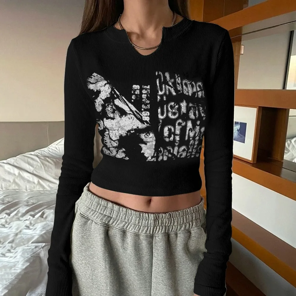 

Vintage Letter Print Long Sleeve Crop Top Women Sexy Slim Knitted T Shirt Korean Style Chic Grunge Aesthetic Streetwear