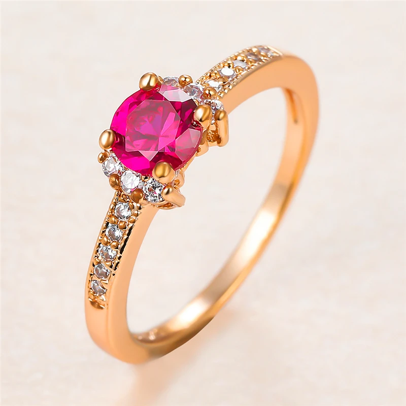 

Cute Female Red Crystal Stone Ring Charm Rose Gold Color Wedding Rings For Women Luxury Bride Round Zircon Engagement Ring