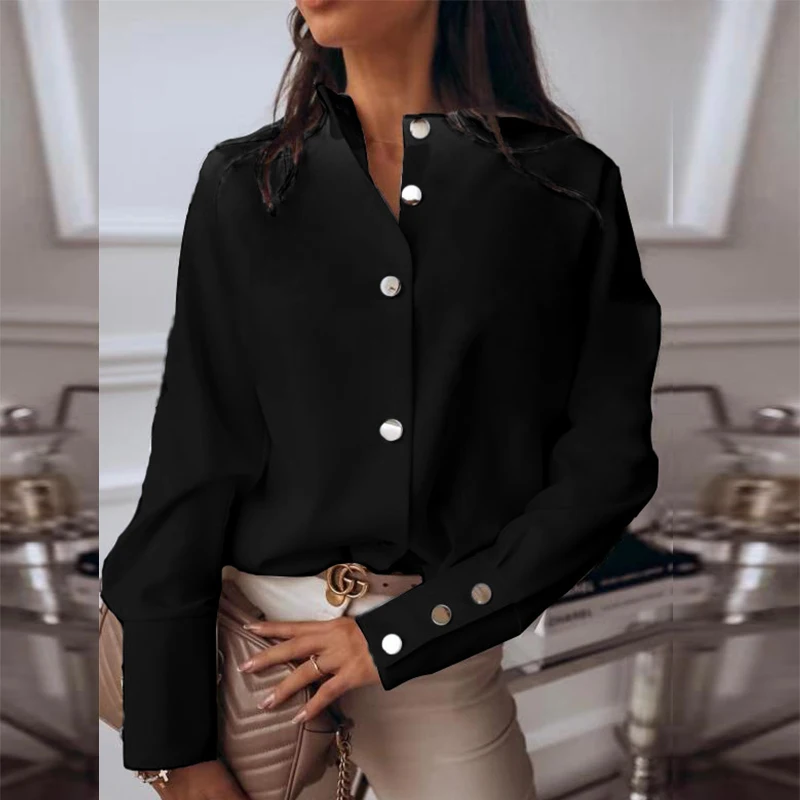 

Spring Autumn O Neck Ruffle Blouse Shirts Elegant Office Lady Back Metal Buttons Blouses Casual Women Long Sleeve Blusa Tops 3XL