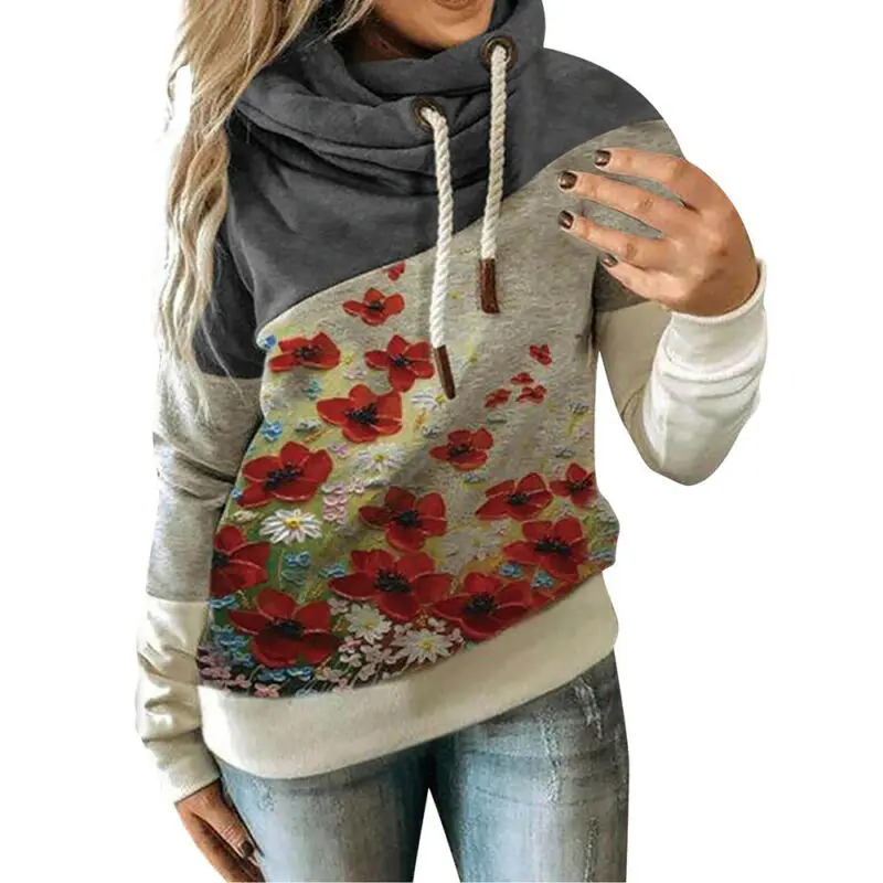 

Women Winter Long Sleeve Colour Block Stitch Print Sweater Hoodies Pullover Tops