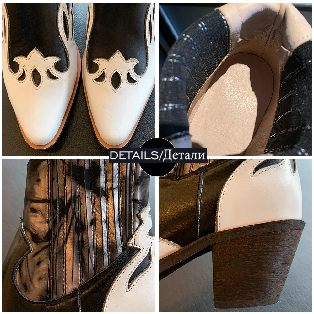 

ISNOM 2020 Mix Color Western Ankle Boots Slip On Chunky Heels Booties Wedge Shoes Women Cowboy Shoes Autumn Winter Cowgirl Boot