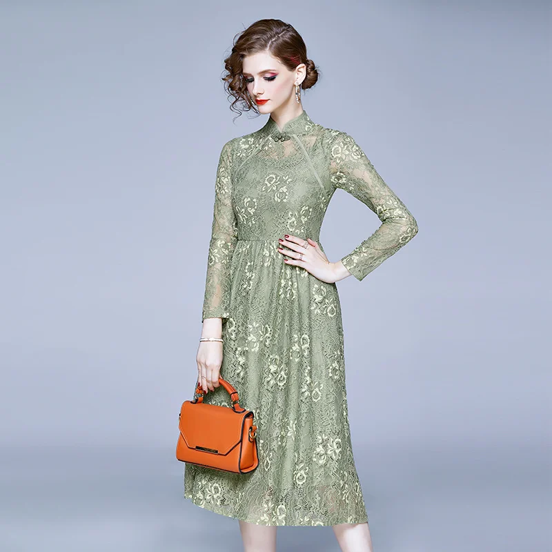 

LUKAXSIKAX 2019 New Spring Autumn Women Long Sleeve Dress High Quality Retro Chinese Stand Collar Runway Elegant Lace Dress