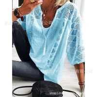 large size loose women blouse 2021 summer v neck ladies shirts tops fashion casual hollow five point sleeve women blouses
