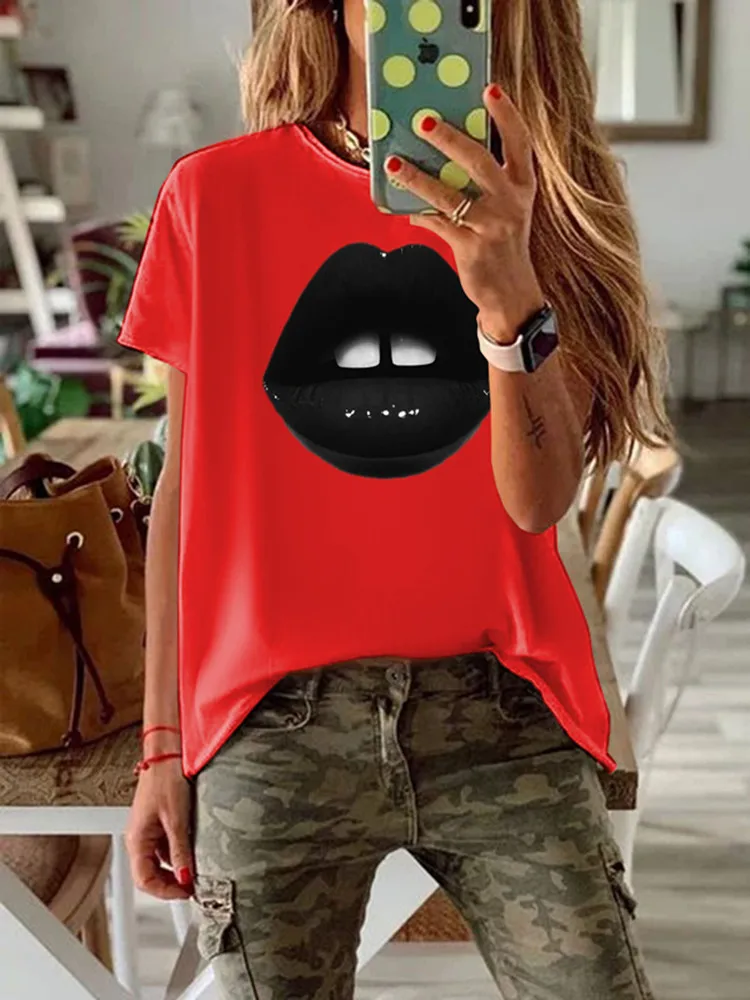 

Vogue Casual T Shirt Women Short Sleeve Kiss Harajuku Plus Size Lips Printed Womens 100% cotton Tops Tees Female