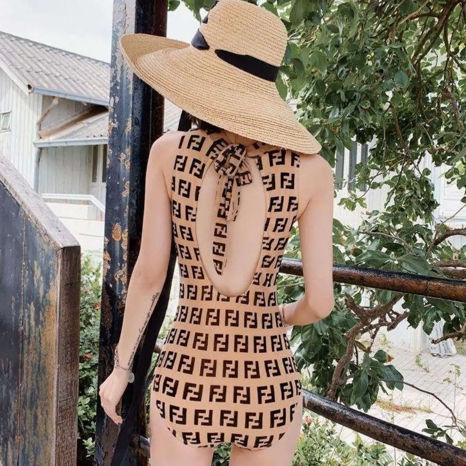 

New big brand women's swimsuit net red slim cover belly retro playful print open back one piece women's swimsuit