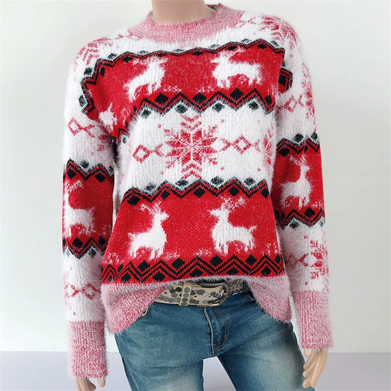 

Christmas Sweater Women Deer Patterned Pullovers Sweaters 2021 Fall Winter Sweater Snow Xmas Print Tops Colothes Casual Red XL