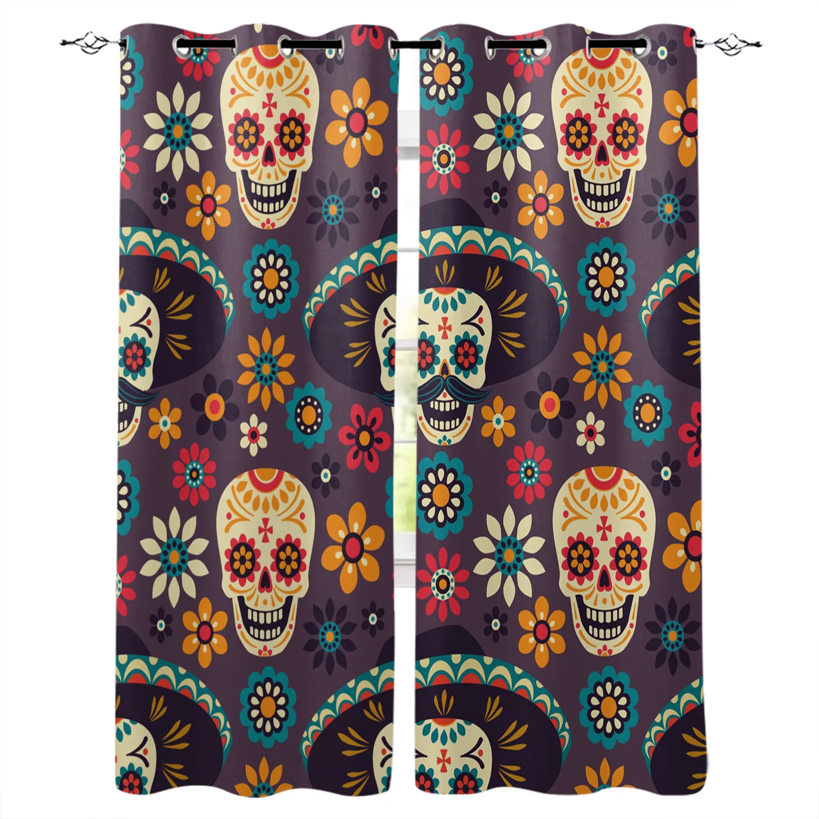 

Занавески для гостиной s с мексиканским черепом и перекрестными косточками, круглые цветы, светонепроницаемые занавески для спальни, эркер...