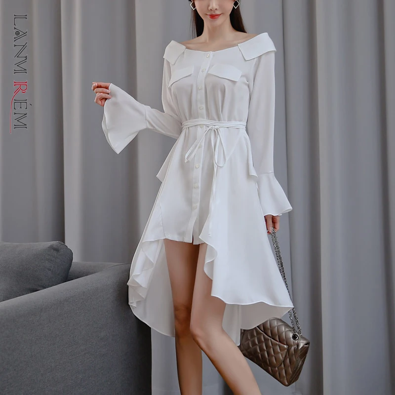 Платье рубашка LANMREM женское с длинным рукавом свободное асимметричное длинное