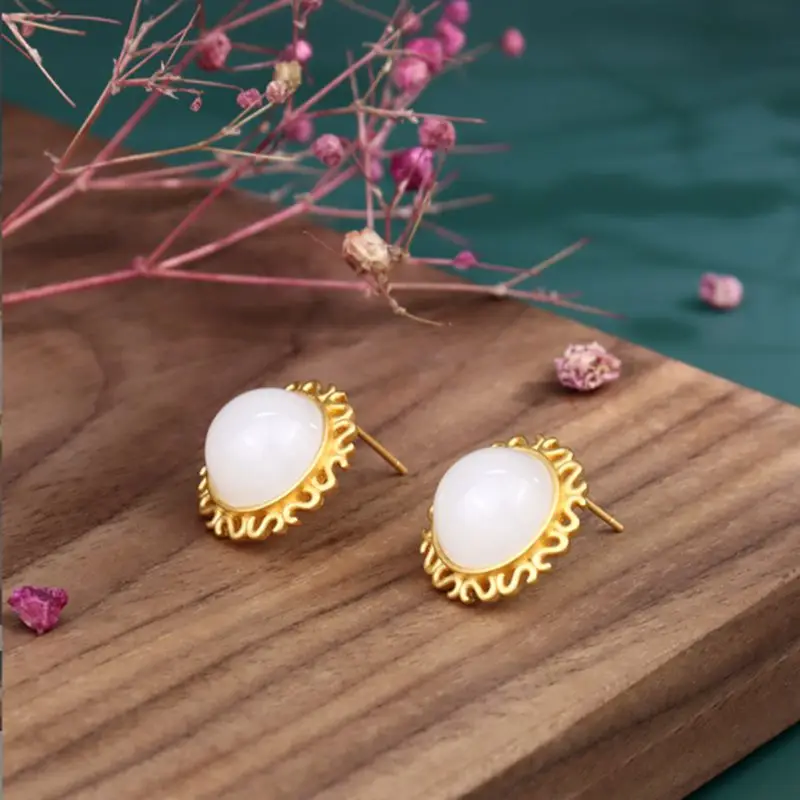 

Women's Stud Earrings Jewelry Vintage White Jade Copper Roud Earings 2021 Trend