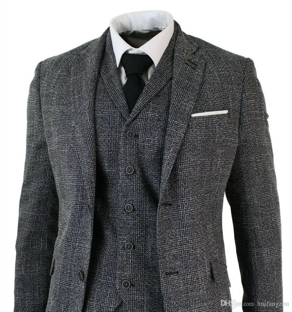 

2020 Vintage Mens Suits Tailored Fit 3 Piece Grey Black Herringbone Tweed Vintage Retro Formal Suit Wool Wedding Tuxedos