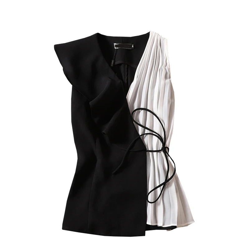 

work office lady elegant chiffon blouse 2020 summer new patchwork bandage slim ruffles lady sleeveless ulls outwear tops