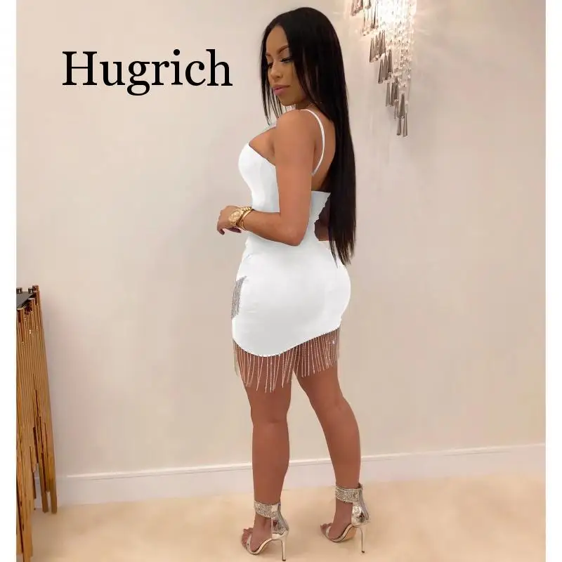 

2020 Sexy Rhinestones Tassel Spaghetti Strap Bodycon Mini Dress for New Year Party Night Club Dresses Vestidos