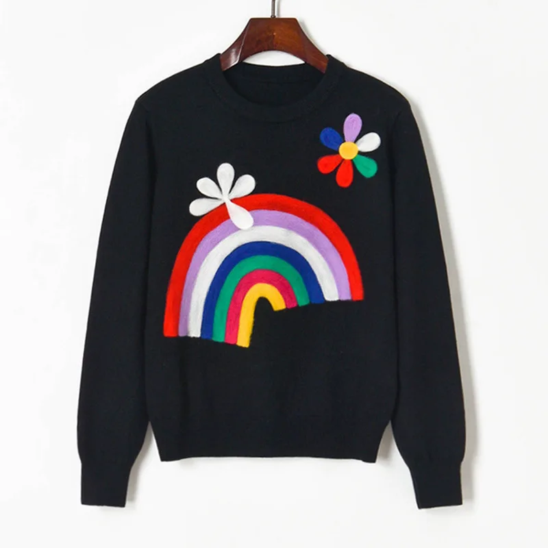 

Woolen White Sweater Pullover Women Black Jumper Black Rainbow Floral Flocking Knit Tops Casual Knitwear Japanese Korean Clothes