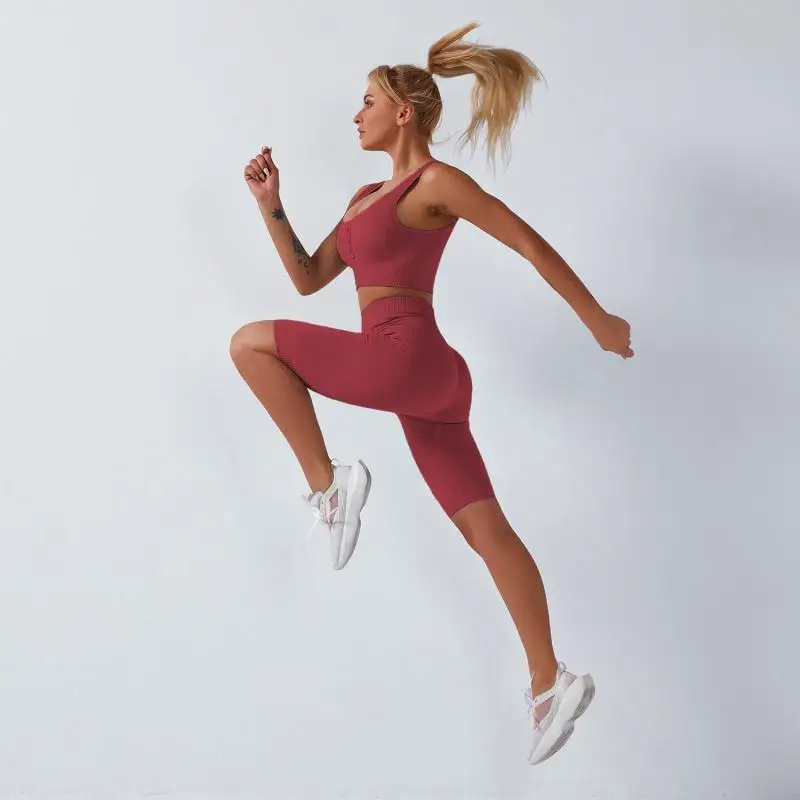 Бесшовный Набор для йоги спортивный бюстгальтер и леггинсы бега женский