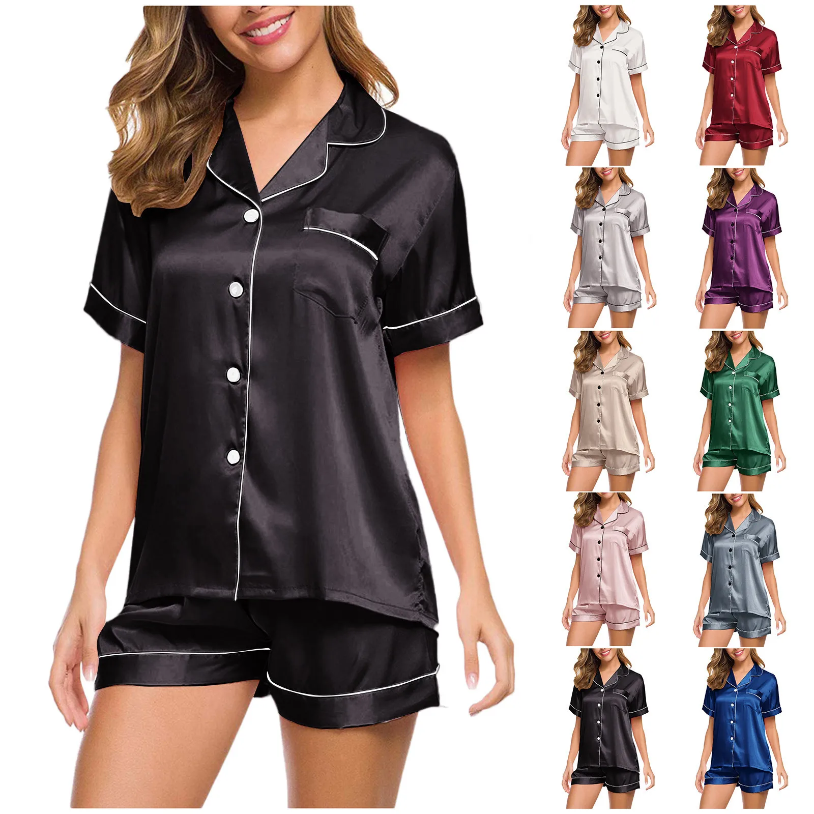 

Шелковая пижама для женщин домашний костюм рубашка с коротким рукавом + шорты пижамный комплект атласная ночная рубашка одежда для сна ночн...