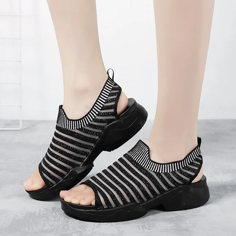 

Women's Sandals 2021 High Heels Platform Women Summer Shoes Casual Female Sneakers Knitting Slip on Peep Toe Ladies Footwear New