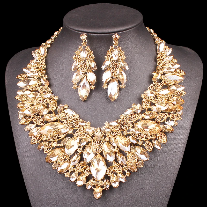 

Indian Jewellery Bridal Jewelry Sets Gold Color Crystal Party Wedding Costume Accessories Necklace Earring Sets Gifts for Women