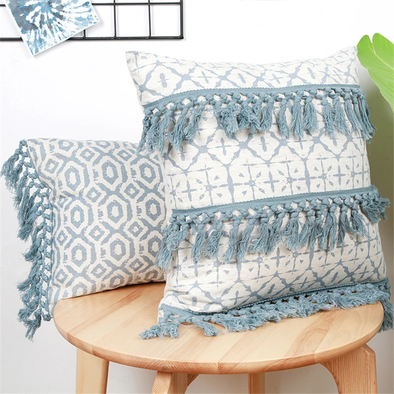 

Retro Blue Cushion Cover 45x45cm/30x50cm Home Decor Tassels Morocco Style Cotton Linen Pillow Covers Decorative Sofa Living Room