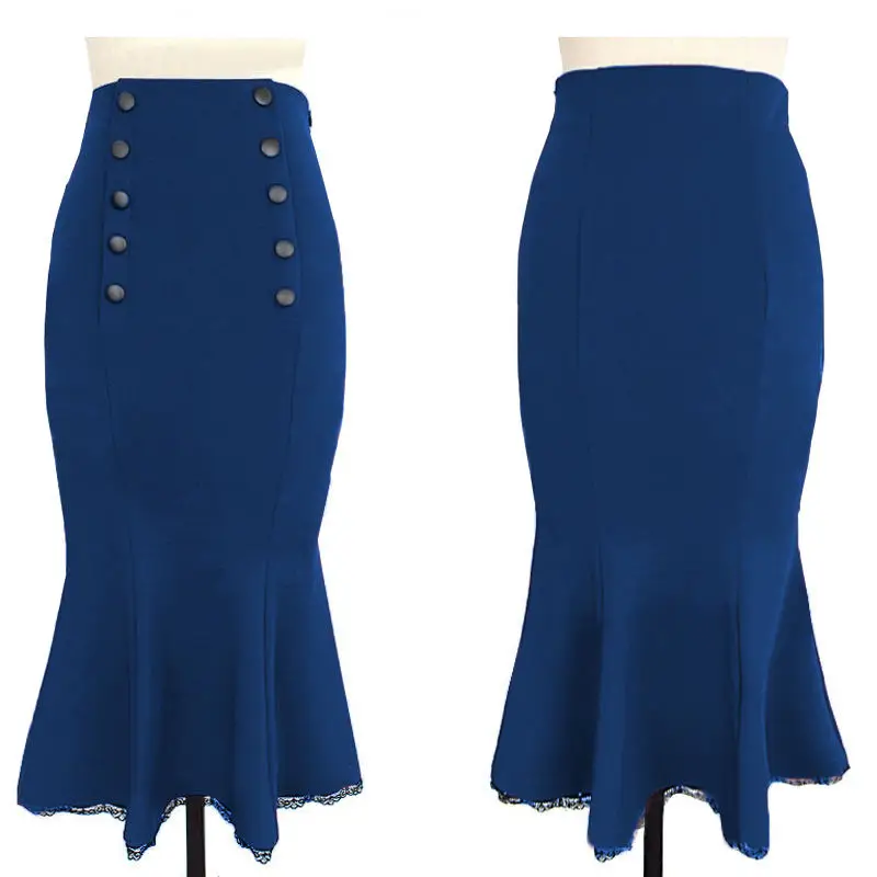 

Zoulv Women Knee Length Pencil Skirt Office Autumn New Elegant Vintage Slim Bodycon Button Lace Bottom Mermaid Fish Tail Skirt
